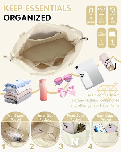 Initial Travel Duffel Bag Sports Gym Bag for Kids Teen Birthday Gifts,Beige Personalized Weekender Bag Carry On Dance Bags for Women Men,Waterproof Monogram Overnight Bag with Trolley Sleeve(Letter N)