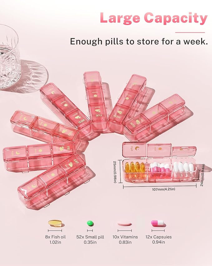 Pill Organizer 3X a Day, Large 7 Day Pill Box 3 Times a Day Portable for Family/Travel Medicine Case for Vitamins, Fish Oil and Supplements（Pink）