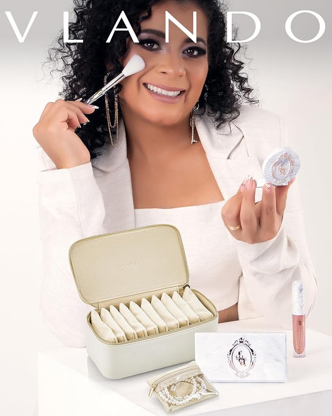 Vlando Jewelry Box with 12 Velvet Jewelry Pouch Jewelry Travel Organizer for Women Girl Jewelry Case Necklace Rings Earrings Bags Christmas Gifts Wedding Gifts Mothers Day Gifts (White)