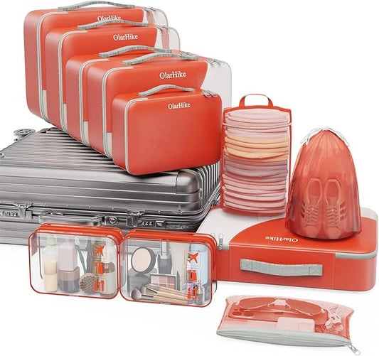 ALL INCLUDED 10 Set Sturdy Packing Cubes for Suitcases,OlarHike Travel Essentials,UPGRADED Anti-Tear Stitching, NEW Improved Luggage Packing Organizers for Travel Accessories (Orange)