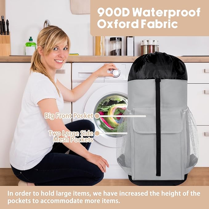 Laundry Backpack Bag, 132L Extra Large Heavy Duty Laundry Backpack for College Dorm Essentials, Laundry Hamper Travel Bag with Shoulder Straps and Mesh Wash Bags for Laundromat, Apartment Grey