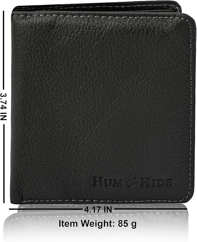 Hum & Hide Full-Grain Leather Wallet for Men – RFID Blocking Slim Bifold, Genuine Cowhide with 8 Card Slots, Coin Pocket & ID Window, Minimalist Leather Gift Wallet (Grey)