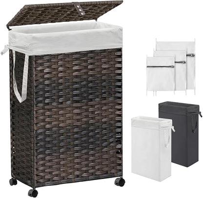 70L Slim Laundry Hamper with Lid & Wheels, Rolling Laundry Basket with 2 Removable Liner Bags & 3 Mesh Bags, Narrow Dirty Clothes Basket, Foldable Handwoven Rattan Laundry Sorter, Brown