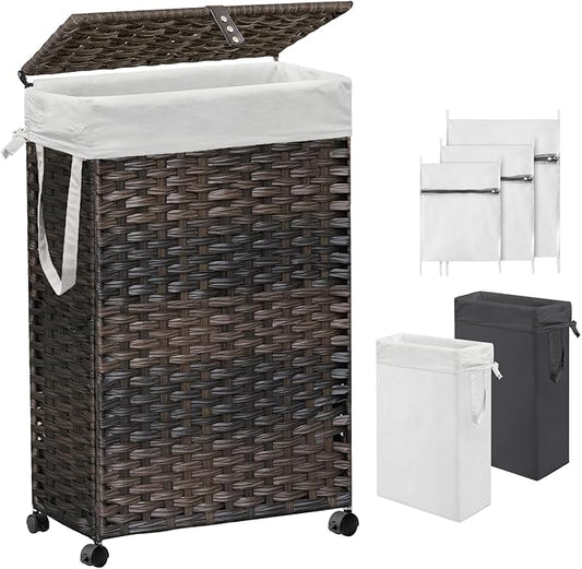 70L Slim Laundry Hamper with Lid & Wheels, Rolling Laundry Basket with 2 Removable Liner Bags & 3 Mesh Bags, Narrow Dirty Clothes Basket, Foldable Handwoven Rattan Laundry Sorter, Brown