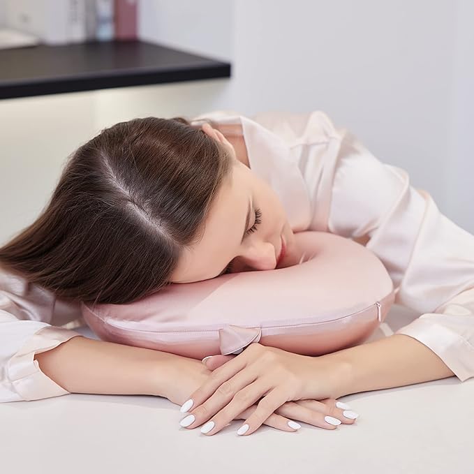 [Upgraded Softness] 100% Mulberry Silk Neck Pillow for Travel 22 Momme Real Silk Travel Pillow for Pain Relief Sleeping, Organic Silk Airplane Pillow, Anti Wrinkle Travel Pillow Made in USA (Pink)