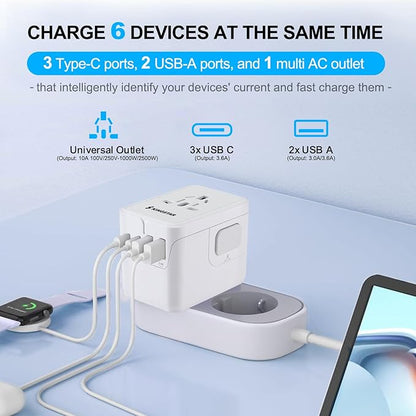 Universal International Plug Travel Adapter, 6 in 1 Wall Charger with 3 Type-C 5.8A 29W PD Fast Charging & 2 USB-A 5.8A & Multi AC Outlet Adaptor for USA EU UK AUS 200+ Countries