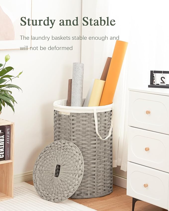 Large Laundry Hamper Laundry Basket Round 34.3 Gal (130 L) Handwoven Wicker Laundry Baskets Rattan Laundry Basket with Laundry Bag Handles 2 Mesh Bags for Living Room Bedroom Gray
