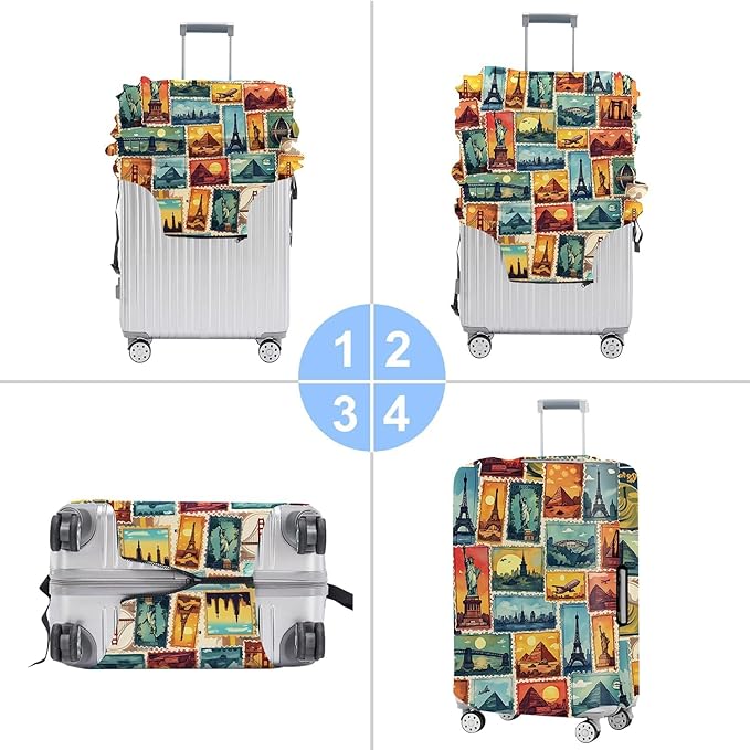 Luggage Cover for Travel – World Landmark Stamp Style, Waterproof Suitcase Wrap and Luggage Protector for 28''–30'' Suitcase, L
