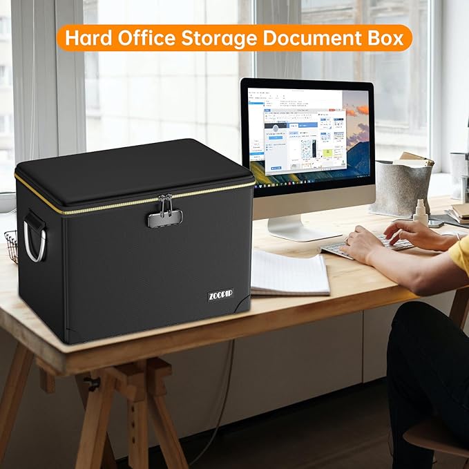 Fireproof Document Box,Hard Case File Organizer with Fireproof Zipper&Threads,Non-Foldable Filing Cabinet with Lock, Portable Office Safe Box Storage for Hanging Letter Folder,Valuables,Black