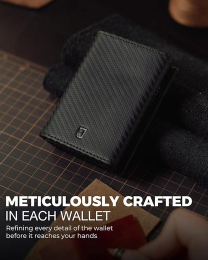 Jenoss Smart Wallet For Men: Full Grain Leather, Handcrafted, Slide Metal Pop Up Case, Slim RFID Blocking Credit Card Holder, Minimalist, Compact - 9-12 Card Organizers | ID | Money Clip (Carbon)