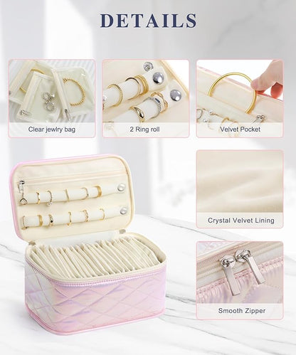 Large Travel Jewelry Organizer Box with 20 Clear Velvet Bags, Anti-Tangle & Anti-Oxidation Jewelry Case for Rings, Earrings, Necklaces & Bracelets – Quilted Pink Design, Gift for Women & Girls, Pink