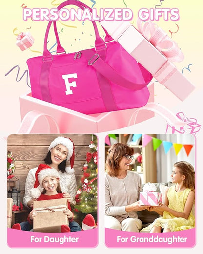 Overnight Bag for Kids Teen Girls Weekender Dance Bag Birthday Graduation Gifts,Initial Travel Duffel Bag Sports Gym Bag Personalized Weekender Bag Carry On Bags Preppy Gifts for Women(Hot Pink, F)
