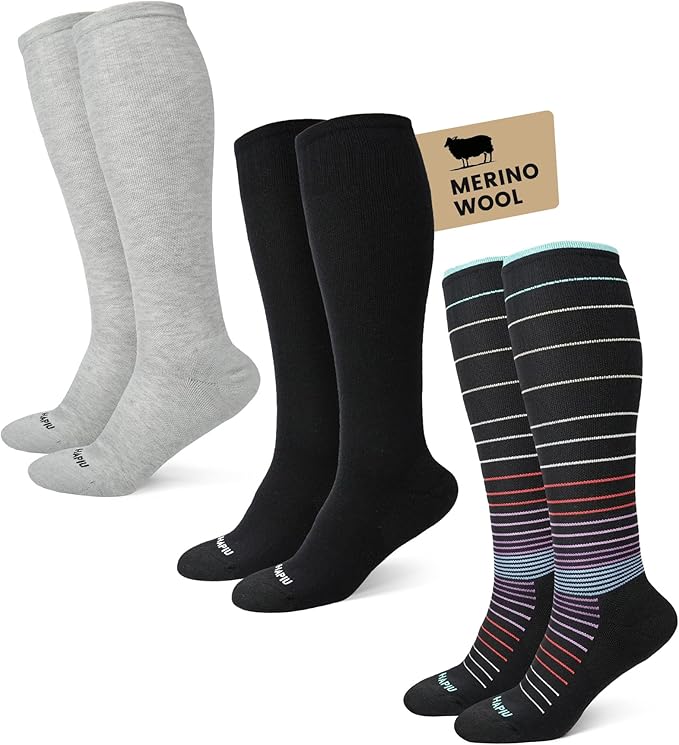 HAPIU Merino Wool Easy On Compression Socks for Women & Men, 15-20 mmHg, Plus Size Knee High Stocking for Nurses, Pregnancy, Travel, Flight, Medias de Compresión Mujer