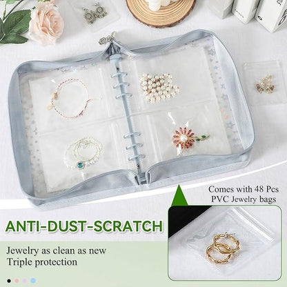 Jewelry Organizer Case Travel Clear Earring Organizer Case Transparent Jewelry Storage Book (Light blue, with 48 Pcs large Jewelry Pouches)