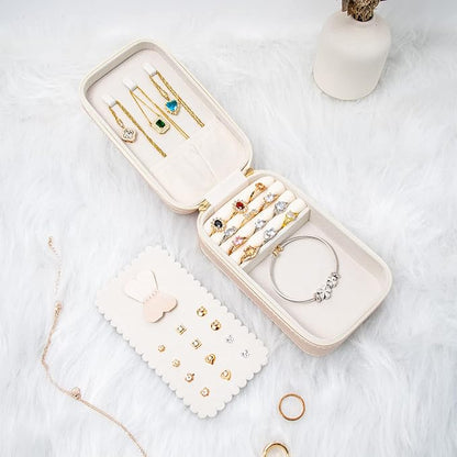 Small Travel Jewelry Organizers Box for women with PU Leather Portable Mini Jewelry Case with compartments for Necklace Rings Earrings,Luxury Giftable boxes. (Pearl White, M)