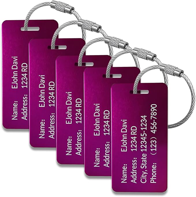 (5pcs) Made in USA Personalized Engraved Luggage tag-Custom Luggage Metal Tags for Unique Suitcase & Backpack Travel, Durable, Waterproof & Heavy Duty ((3.8×2) Wine Red)