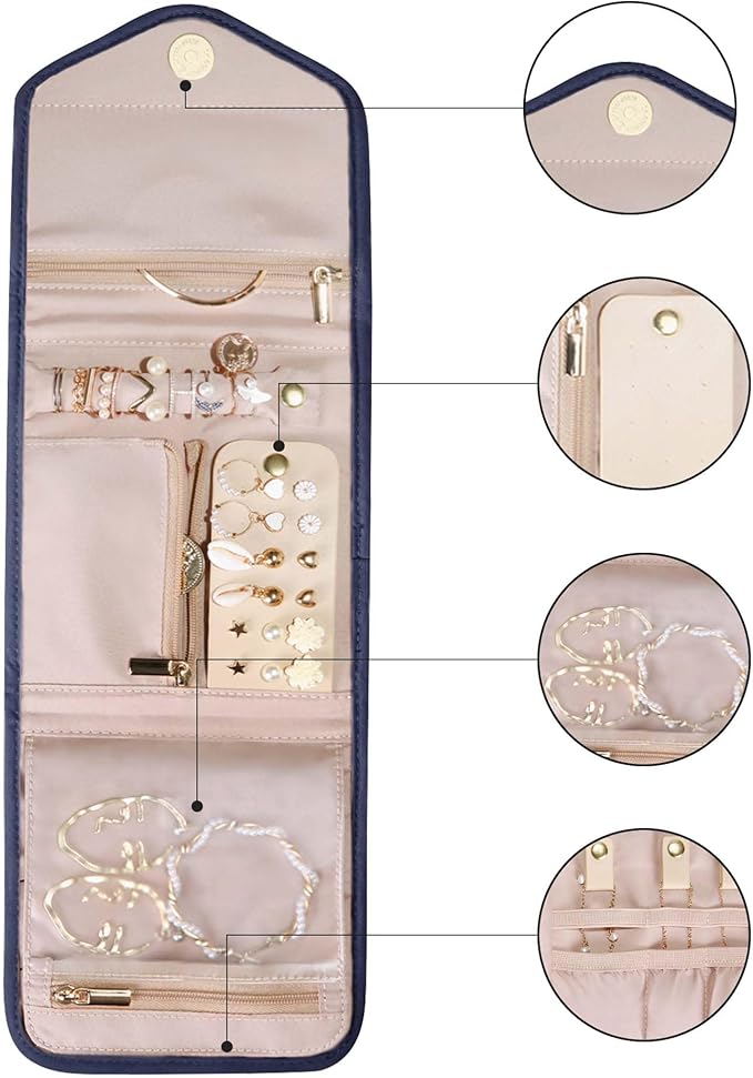 BAGSMART Travel Jewelry Organizer Case Foldable Jewelry Roll for Journey Rings, Necklaces, Earrings, Bracelets,Mini,Smokey Blue