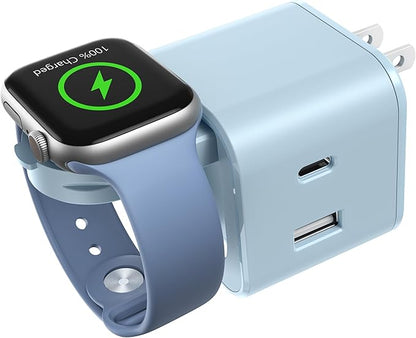 36W for Apple Charging Block with Built-in Watch Charger, Foldable PD Fast Charger Block for iPhone, Dual Ports Wall Charger Compatible with Apple Watch iPhone AirPods(Blue)