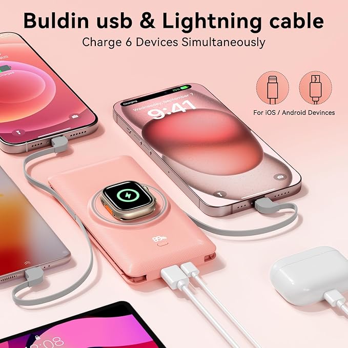 Magnetic 10000mAh Portable Charger for iWatch & iPhone, 22.5W USB C Fast Charging Wireless Power Bank Built-in Cables and Wall Plug, External Travel Battery Pack Compatible with iOS Android Devices