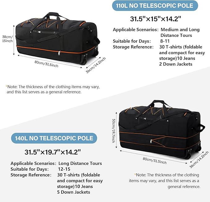 32” 1680D Oxford Foldable Duffle Bag with 2 Wheels,110L to 140L Expandable Soft Sided Rolling Travel Bag,Black-orange