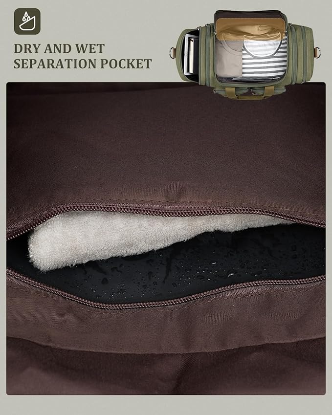 Gonex Canvas Duffle Bag for Travel, Expandable Water Resistant 50L Carry on Duffel Overnight Weekender Gym Bag with Wet Dry Separation Pocket & Suitcase Handle Sleeve, Army Green