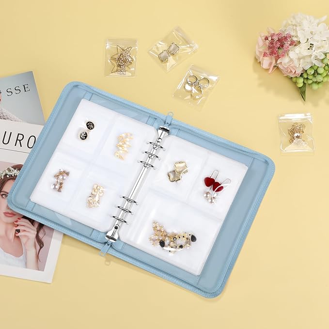 Jewelry Travel Organizer Case, PU Leather Portable Jewelry Storage Book with Transparent Pockets Zipper Bag for Necklaces, Earrings, Bracelets(48 Grids+48 Thicken PVC Bags),WatercolourBlossoms