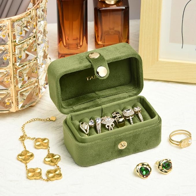 TAIMY Travel Jewelry Case, Portable Pocket Size Small Plush Velvet Ring Box for Women, Mini Ring Holder and Organizer with 7 slots for purse(Avocado Green)