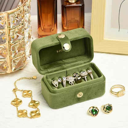 TAIMY Travel Jewelry Case, Portable Pocket Size Small Plush Velvet Ring Box for Women, Mini Ring Holder and Organizer with 7 slots for purse(Avocado Green)