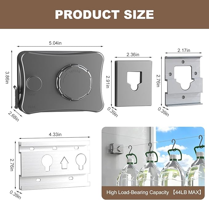 Retractable Clothesline for Outdoor & Indoor Use, 16.73 Ft Heavy Duty Retracting Clothes Line with Single Stainless Steel Rope - Laundry Drying Rack for Bathroom, Outside Areas (Grey)