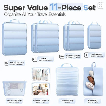 Veken 11 Set Compression Packing Cubes for Travel Essentials,Compressible Expandable Large Luggage Suitcase Organizer Bags for Clothing,Durable Space Saver Storage Bags with Toiletry Bags(Light Blue)