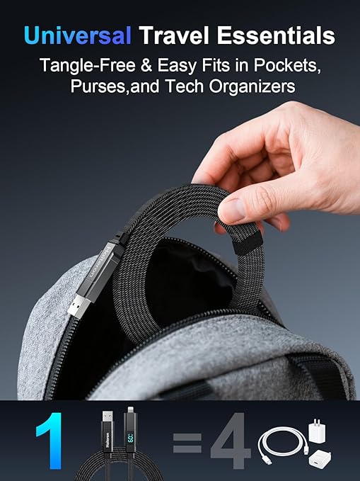 4 in 1 Charging Cable 60W, USB C Fast Charging iPhone Charger Cord Flat Braided Combo USB A/C to C/L Cable with LED Display,Multi Charging Cord for iPhone 16/15,MacBook,iPad,3FT