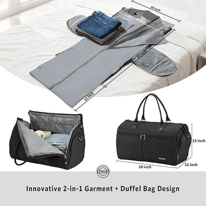 STOVER Women’s Convertible Garment Duffel Bag for Travel – 2-in-1 Carry-On Weekender/Overnight Tote - Wrinkle-Free Dresses, Hanging Suits & Clothes Plus Shoe Compartment & Bonus Toiletry Bag (Black)