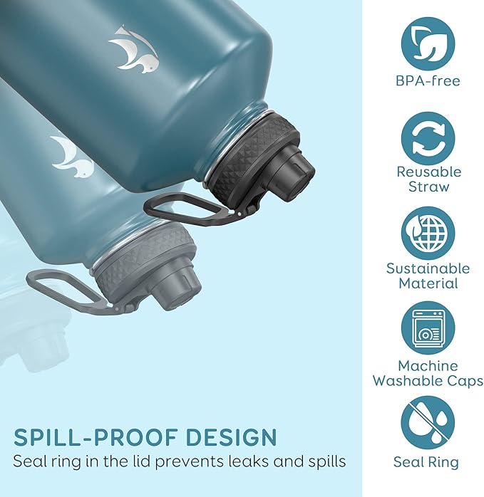 Coolflask 128 oz Gallon Water Bottle Insulated with Straw&3 Lids, Water Jug Large Stainless Steel Metal Vacuum Wide Mouth for Sports, Gym or Office, Non-BPA Keep Cold 48H Hot 24H, Samurai Cyan