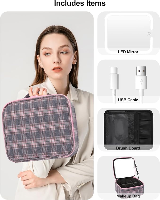 TANTO Makeup Bag With LED Mirror, Travel Makeup Case with Light up Mirror Large Cosmetic Case with 3 Color Lighted Portable Organizer Bag with Adjustable Dividers(Pink/Grey Stripes-Canvas, Small)