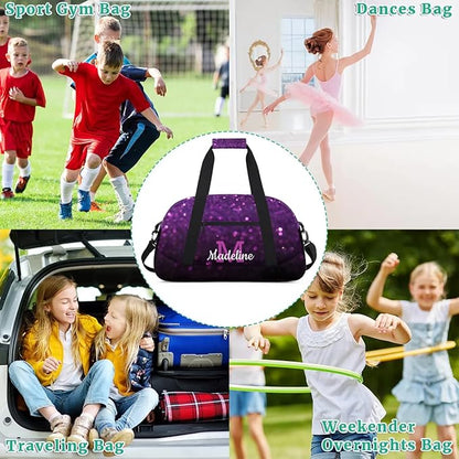 Personalized Kids Sports Duffel Bag with Name Custom Weekender Overnight Bag for Boys Girls Gym Bag Travel Dance Gymnastics Duffel Bag, DeepPurple Glitter