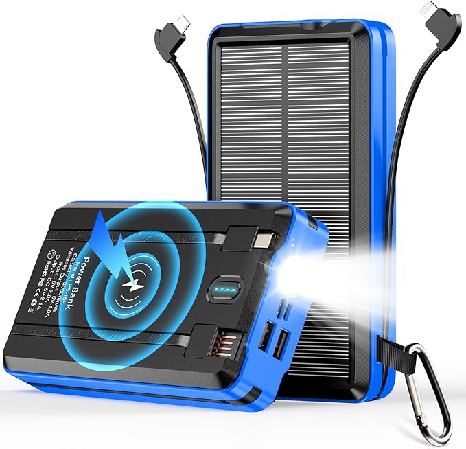 Solar Power Bank 52800mAh 5V/3A Fast Charging Battery Pack with Built in 4 Cables 2 Outputs & LED Flashlight for Cell Phone Camping and Hiking