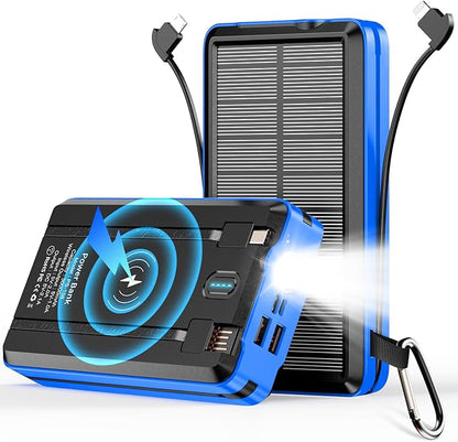 Solar Power Bank 52800mAh 5V/3A Fast Charging Battery Pack with Built in 4 Cables 2 Outputs & LED Flashlight for Cell Phone Camping and Hiking