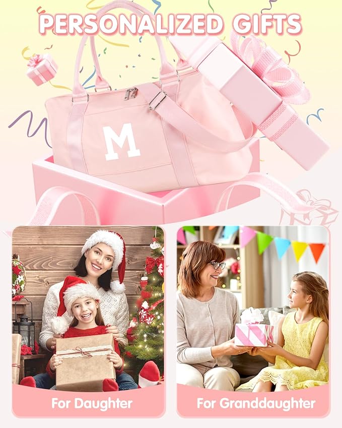 Initial Travel Duffel Bag Sports Gym Bag for Girls Teen Birthday Gifts,Pink Personalized Weekender Bag Carry On Tote Bags for Women Men,Waterproof Overnight Luggage Bag with Trolley Sleeve(Letter M)