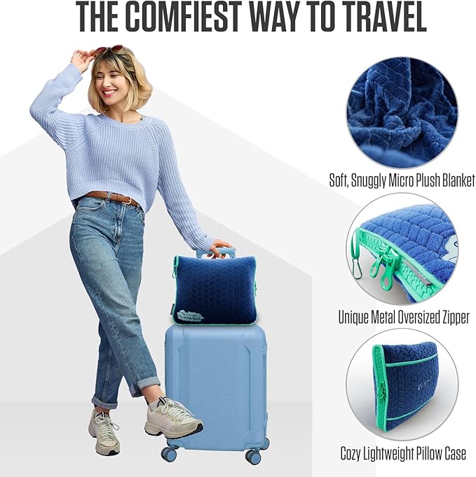 VENTURE 4TH Travel Blanket Pillow – Premium Ultra-Soft & Warm 2-in-1 Blanket or Pillow for Airplane, Car & Bus – Compact, Lightweight & Portable – Lint-Free, No Shedding, No Pilling - Navy/Teal