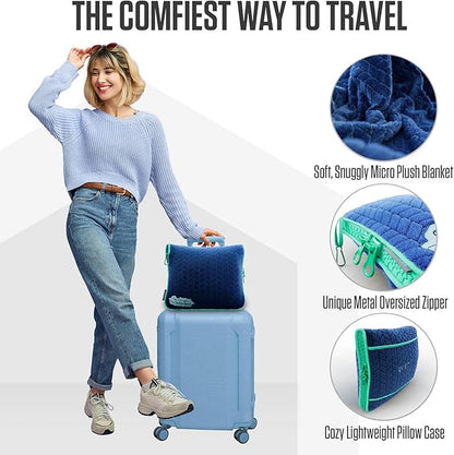 VENTURE 4TH Travel Blanket Pillow – Premium Ultra-Soft & Warm 2-in-1 Blanket or Pillow for Airplane, Car & Bus – Compact, Lightweight & Portable – Lint-Free, No Shedding, No Pilling - Navy/Teal