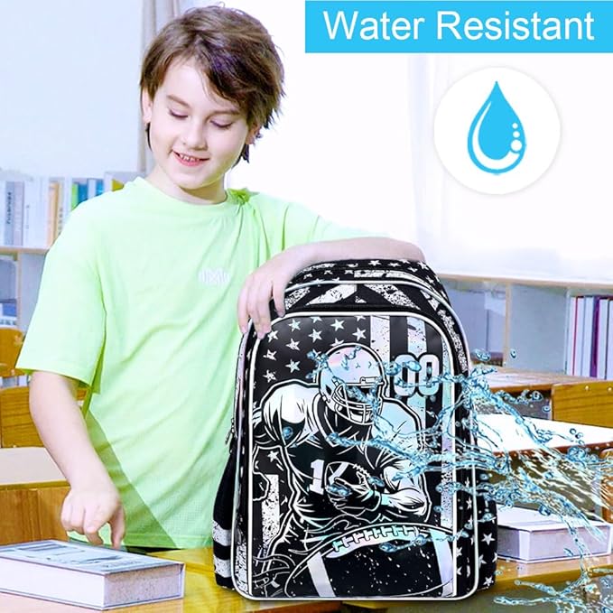 WZLVO 3PCS Rugby School Backpack, 17" Cool UV Printing Boys Football Bookbag/School Bag with Lunch Box & Pencil Bag for Elementary to Middle - Star-Spangled Rugby