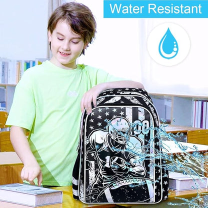 WZLVO 3PCS Rugby School Backpack, 17" Cool UV Printing Boys Football Bookbag/School Bag with Lunch Box & Pencil Bag for Elementary to Middle - Star-Spangled Rugby