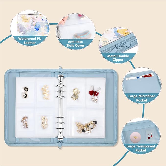 Jewelry Travel Organizer Case, PU Leather Portable Jewelry Storage Book with Transparent Pockets Zipper Bag for Necklaces, Earrings, Bracelets(48 Grids+48 Thicken PVC Bags),WatercolourBlossoms