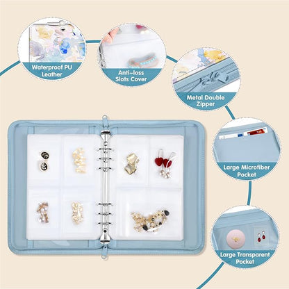 Jewelry Travel Organizer Case, PU Leather Portable Jewelry Storage Book with Transparent Pockets Zipper Bag for Necklaces, Earrings, Bracelets(48 Grids+48 Thicken PVC Bags),WatercolourBlossoms