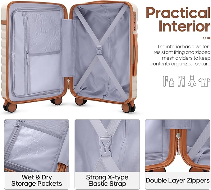 UKEIN Luggage Sets 3 Piece, Carry On Luggage 20In With Spinner Wheels,PC Hardside Suitcase Set with TSA Lock,Durable Carry On Suitcase With Travel Backpack for Men (Beige, 3 piece set (20inch))