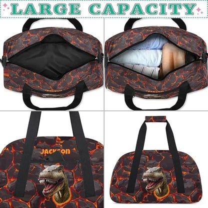 Personalized Duffel Bag for Kids Girls Boys, Scary Dinosaur Custom Name Gym Bag Overnight with Padded Handles Carry On Weekend Sports Travel Bag for School Practice Gymnastics Ballet