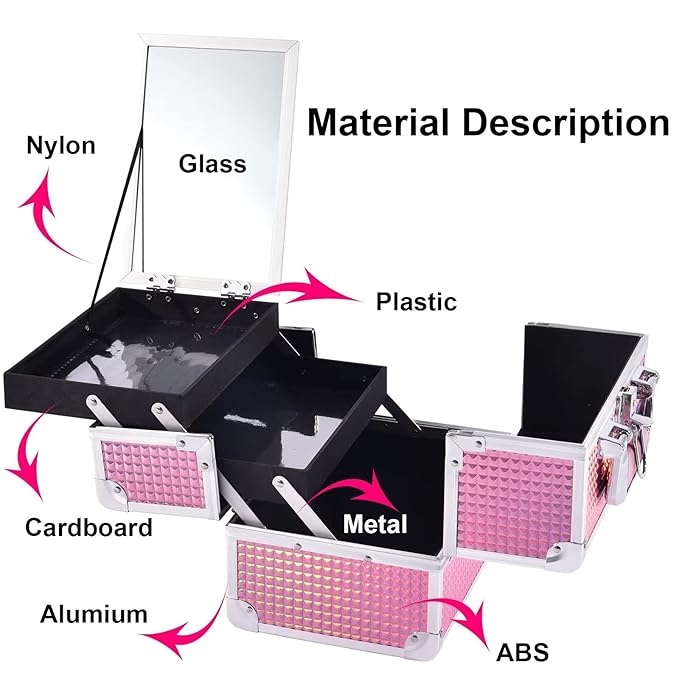 Joligrace Makeup Train Case Makeup Case Organizer Portable Cosmetic Box Storage with 2 Trays Mirror Locking Make Up Travel Case for Nail Kits Cosmetics Craft Traveling Makeup Box Mermaid Pink