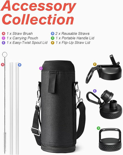 Water Bottle 40 oz Insulated with Straw&Brush, Coolflask Vaccum Stainless Steel Metal 3 Lids Water Flask for Sports, Gym or Office, Keep Cold 48H Hot 24H, Ombre Green