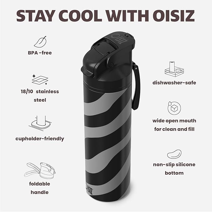 OISIZ Insulated Water Bottle 24 oz with 2 in 1 Spout and Straw Lid,One Click Safety Lock,100% Leakproof,Keep Cold 24H,Vacuum Stainless Steel Water Bottle for School,Travel and Sports,Dishwasher Safe