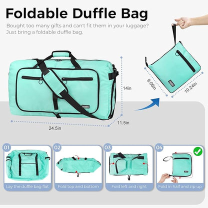 Fmeida 65L Duffle Bag with Shoes Compartment, Foldable Travel Duffel Bags for Men Women, Large Packable Travel Bag Water Repellent & Tear Resistant (Mint Green)